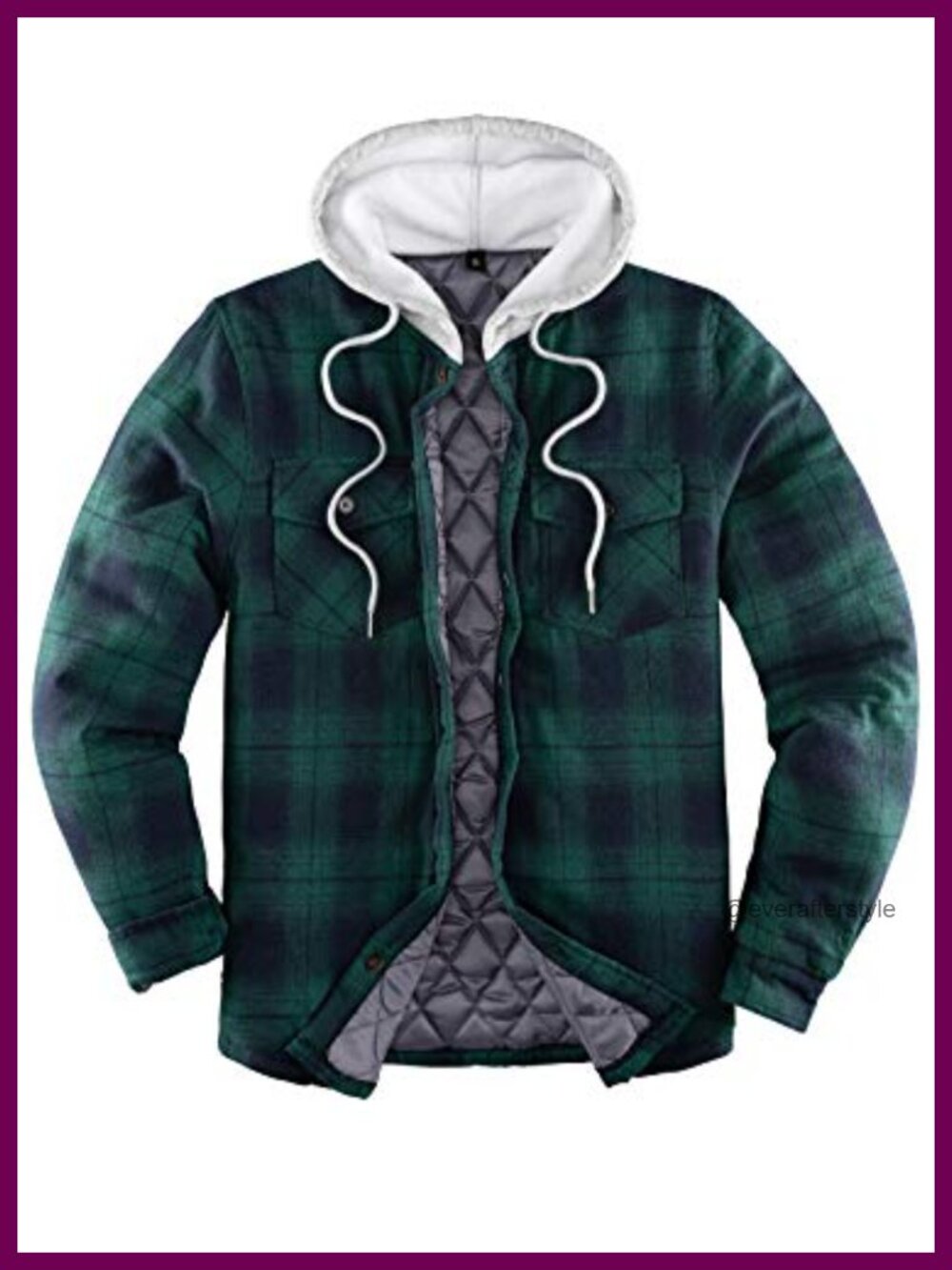 Quilted Lined Button Down Plaid Flannel Shirt Jacket with Hood